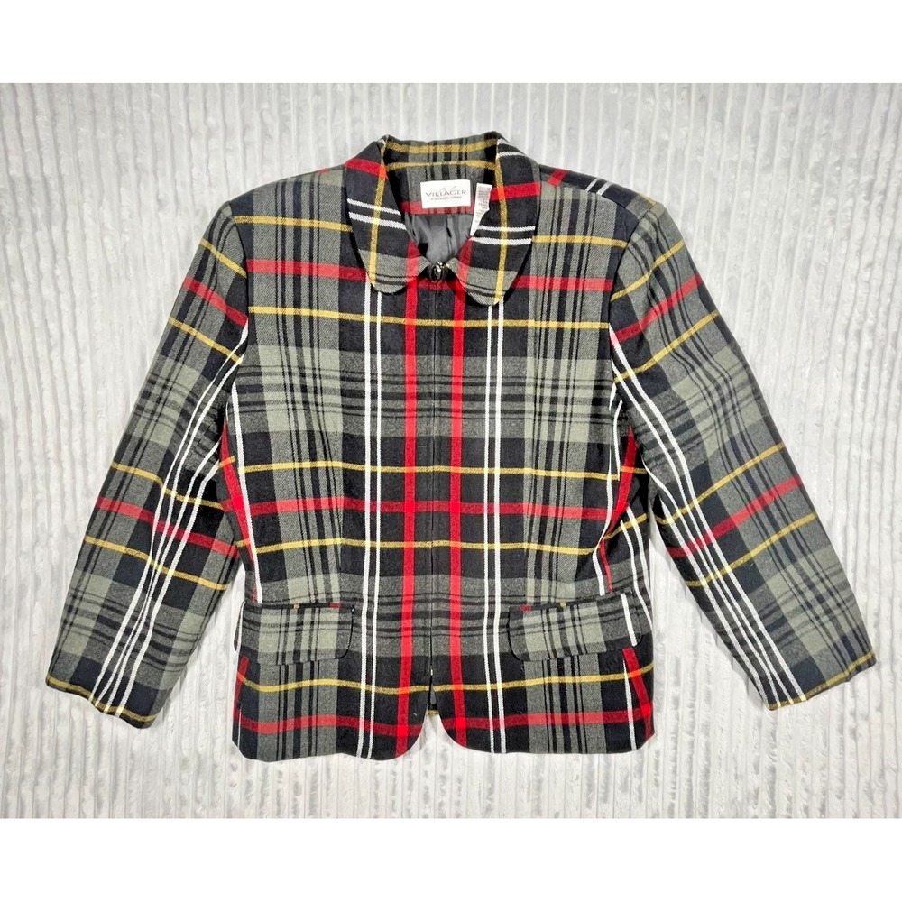Villager Wool Blend Tartan Plaid Full Zip Blazer Jacket Women's 12 Career Preppy